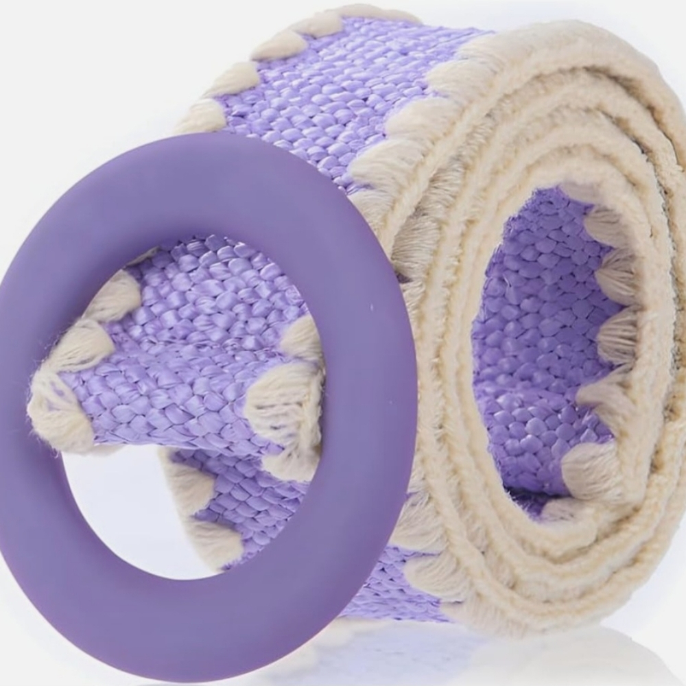 3/$20 Promo - Lavender Straw Braided Belt With Cream Trim And Round Buckle